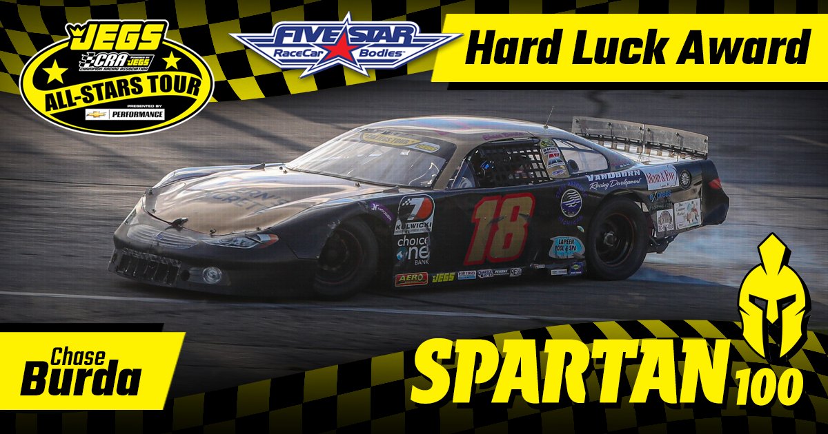 A spin from fourth inside of 10 laps to go is a tough pill to swallow. Chase Burda is the Fivestar Racecar Bodies Hard Luck Award recipient from the Spartan 100 on Sunday.

#CRARacing | CRA-Racing.com