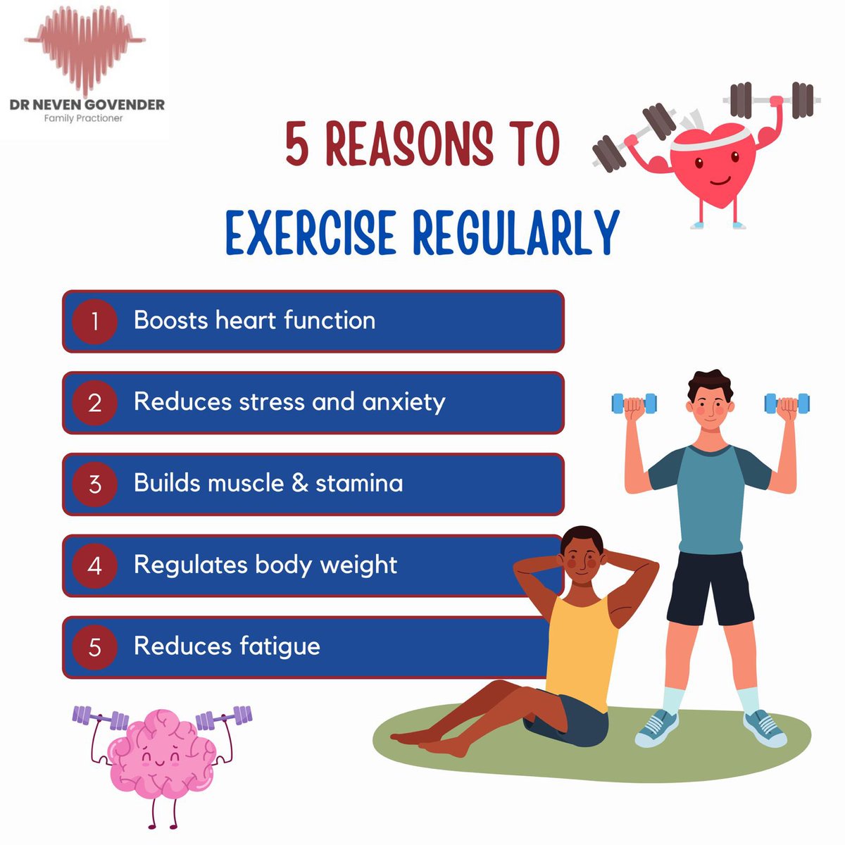 drngov1's tweet photo. Dr. N Govender shares five key reasons to exercise regularly 🏃‍♂️ 

Start moving today for a healthier tomorrow 

#drngov #drgovender #exercise #excerciseregularly #running #gym #durbandoctor #phoenixplaza #healthylifestyle https://t.co/b2CHn9h1RG