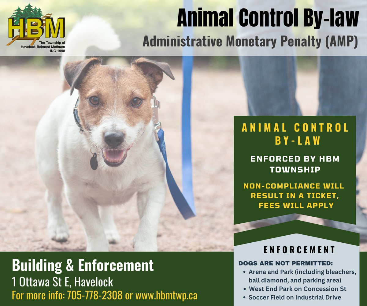 Pet owners are not to have dogs(s) within following municipal areas, unless a service animal:
-Arena and Park area (39 George St), playground, splash pad, baseball diamond, bleachers, and  parking lot.
-West End Park /playground (Concession St)
-Soccer field on Industrial Drive.