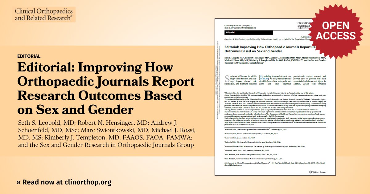 #OpenAccess: It's time for researchers to characterize, analyze, and report data disaggregated by sex and/or gender when appropriate to their work. Learn why in this important editorial by #CORR <a href="/JPediatricOrthB/">JPediatricOrtho_B</a> <a href="/SpinePhilaPA76/">Spine</a> <a href="/jbjs/">J Bone & Joint Surg</a> <a href="/ArthroscopyJ/">Arthroscopy Journal</a> journals.lww.com/clinorthop/pag…