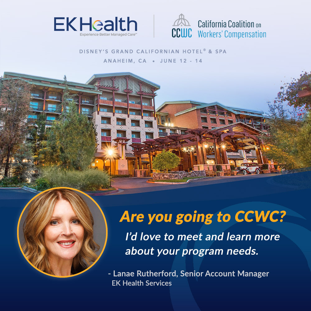 EKHealth's tweet photo. On your way to #CCWC Conference at #Disneyland? So are we! 🎡
👉 Our amazing #TeamEK member, Lanae Rutherford would love the opportunity to meet and hear more about your #WorkersCompensation program.
>> Learn more about EK Health: https://t.co/nayparWdWz
@CCWCworkcomp https://t.co/tRVLyIo7SI