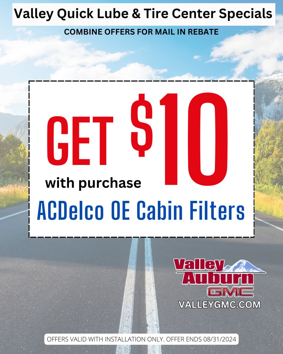 Valley_GMC's tweet photo. Freshen up your drive with Valley GMC's No Appointment Necessary Quicklube! 🌬️ This month get a $20 rebate on AC Delco Cabin Filters, stop by Valley in Auburn today!
#ValleyGMC #ACDelco #CabinFilterRebate #CleanAir #QuickLube #NoAppointmentNeeded #CarCare #AuburnWA https://t.co/asBL6Q51D9