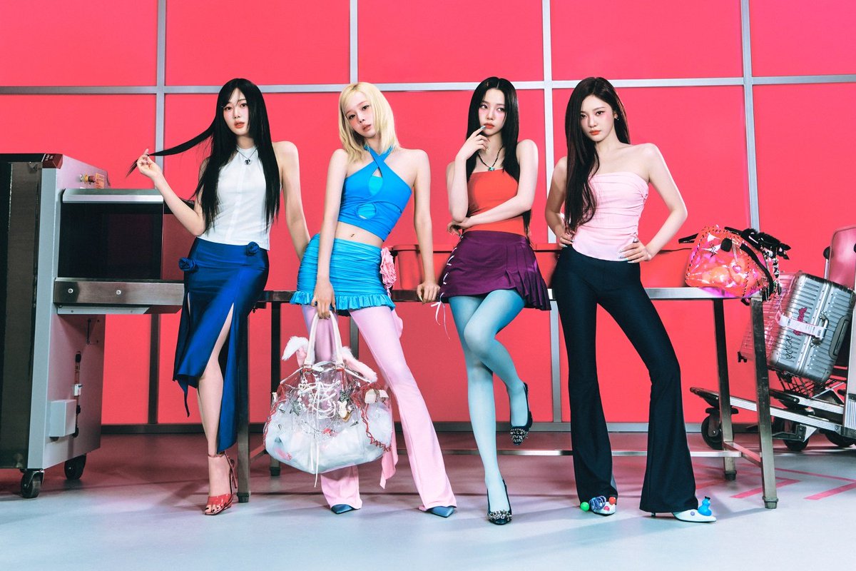 uchisagaeri's tweet photo. styled in vibrant and eclectic outfits, each showcasing a unique and bold fashion statement that reflects the song's energetic and playful vibe. the setting appears to be a bright and modern location, emphasizing a chic and contemporary aesthetic. https://t.co/K2M4hsaV9N