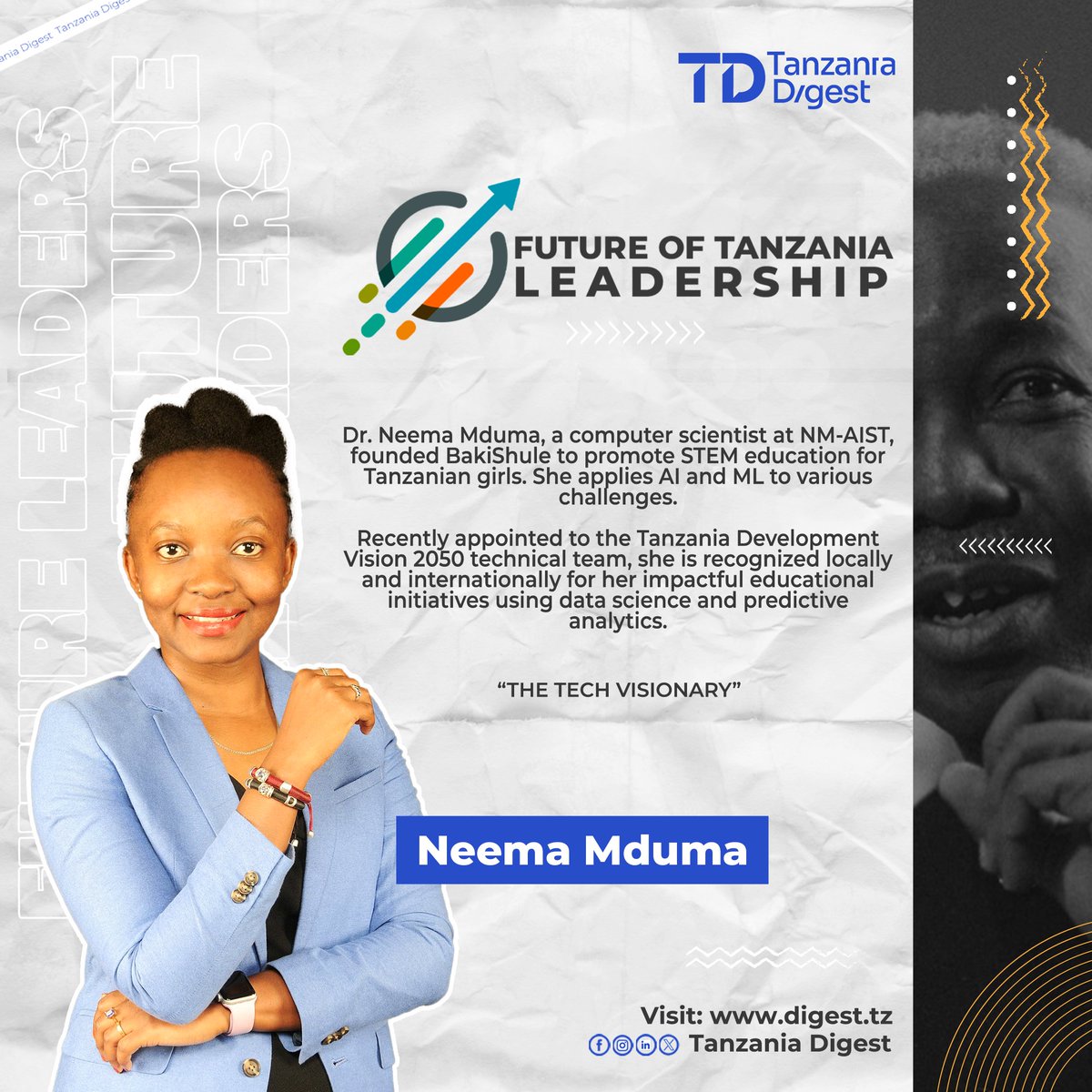 Meet Dr. Neema Mduma: Pioneering STEM Education in Tanzania

Dr. Neema <a href="/nakadori/">Neema Mduma, PhD</a>  is a computer scientist and senior lecturer at NM-AIST. She founded BakiShule to promote STEM education for girls and leads AI and ML projects tackling challenges in agriculture, health, and