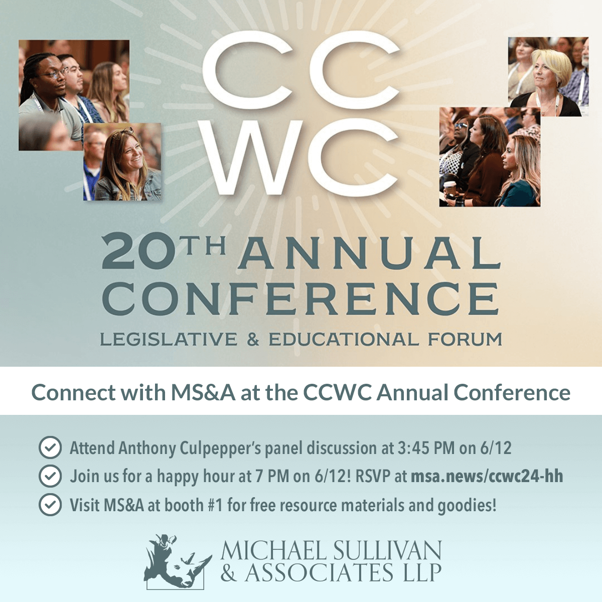 sullivanattys's tweet photo. 3 ways to connect with MS&A at the CCWC Annual Conference:
1. Attend Anthony Culpepper’s panel discussion on 6/12. 🎤
2. Join us for a happy hour on 6/12! 🎳🍸 RSVP ➡️ https://t.co/FosDFviRip
3. Visit MS&A at booth #1! 📚🎁
#LearnNetworkRepeat #CCWC #TeamRhino @CCWCworkcomp https://t.co/oEvP51eBHC