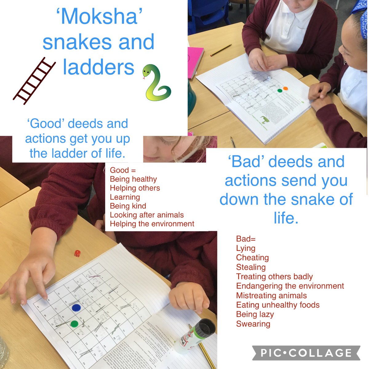 Year 4 have been learning about the Hindu religion. This week we learnt all about ‘Moksha’- achieving freedom by living a good life. We made a game of snakes and ladders to help us think about good and bad deeds/actions. #MoorsidePA #MoorsidePARE 🐍🪜✅❌