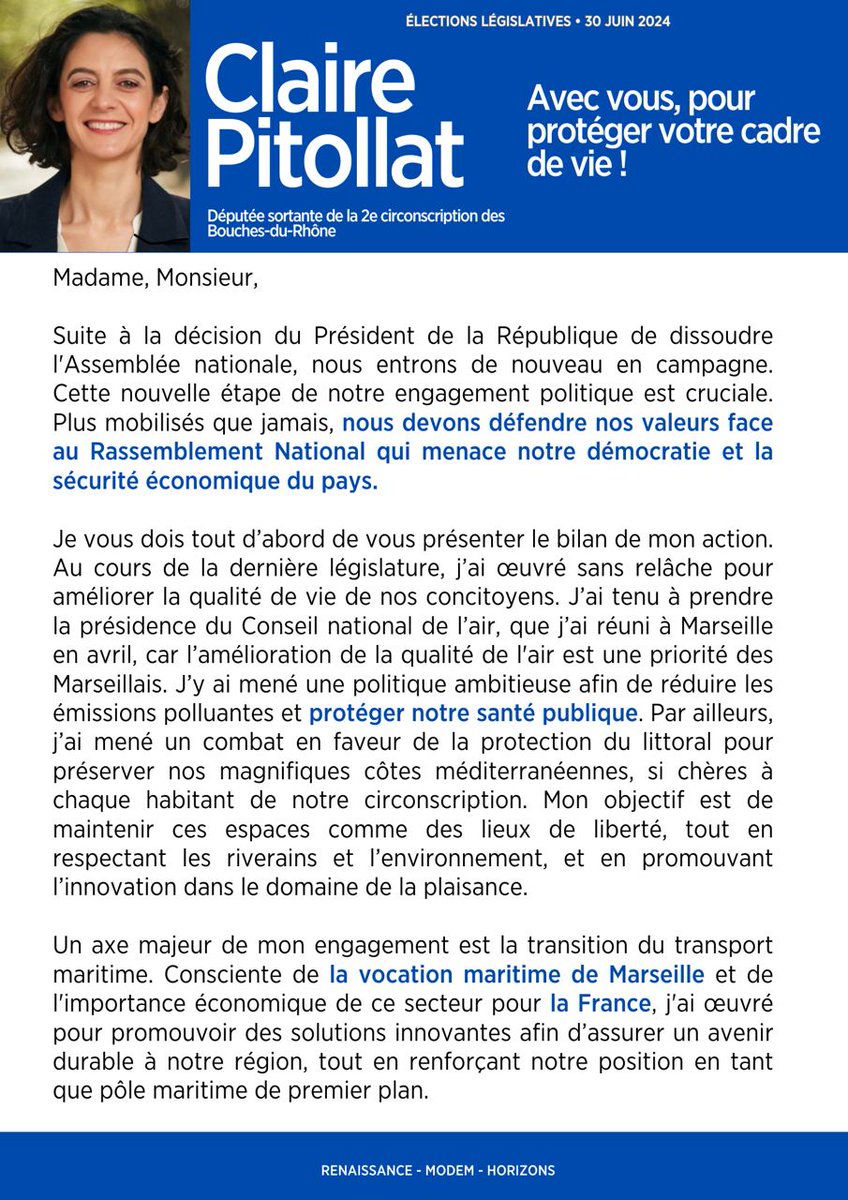 ClairePitollat's tweet photo. Je suis candidate à l'élection législative du 30 juin dans les 7e et 8e arrondissement de Marseille.

Aujourd'hui,  en tant que députée sortante que je m'adresse à vous avec une détermination inébranlable, une conscience de la gravité de notre mission, mais aussi une profonde confiance. Une confiance en vous, car j’en suis convaincue, vous ne permettrez pas à l’extrême-droite de s’accaparer le pouvoir.
