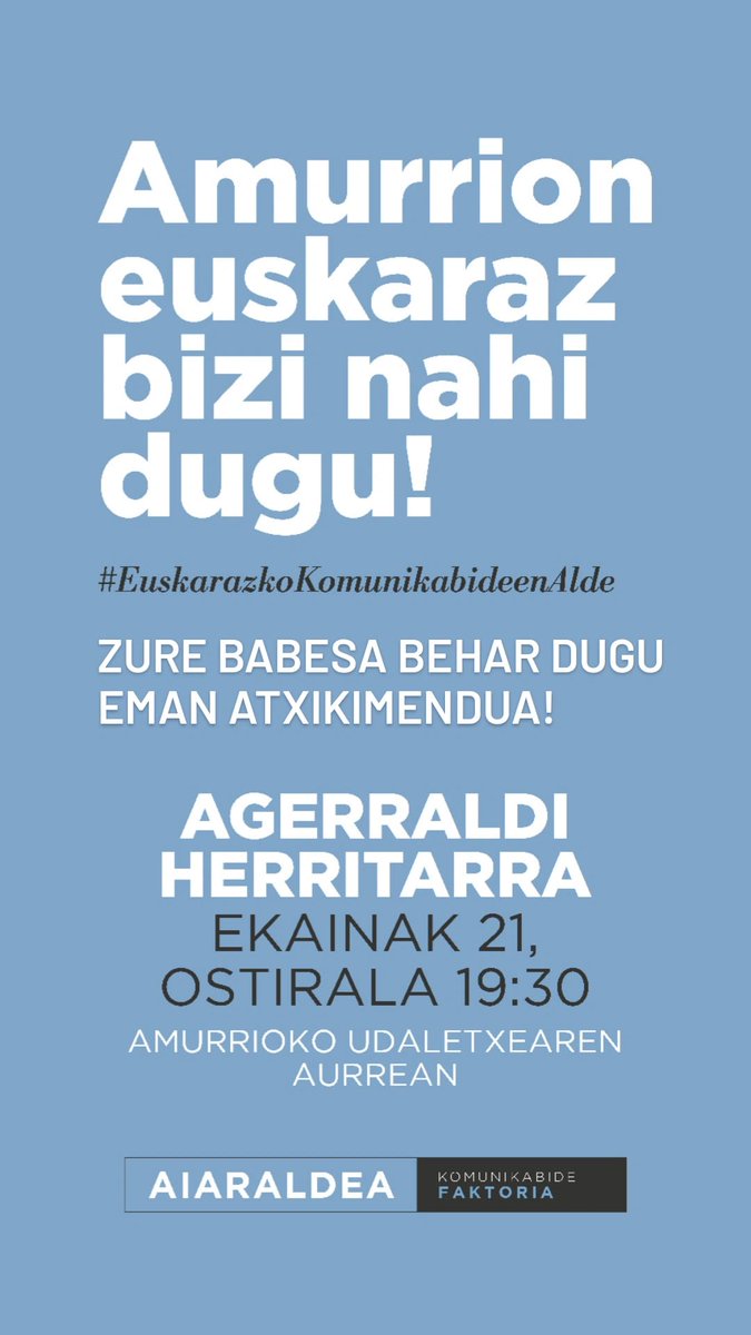 Amurrioko Udalak dirulaguntza kendu dio eskualdeko euskarazko komunikabide bakarrari. 

Elkartasun uholdea behar dugu egoerari buelta emateko.

Babestu Aiaraldea, eman zure atxikimendua hemen 👉labur.eus/amurrioneuskar…

#AmurrionEuskarazBiziNahiDugu
#EuskarazkoKomunikabideenAlde