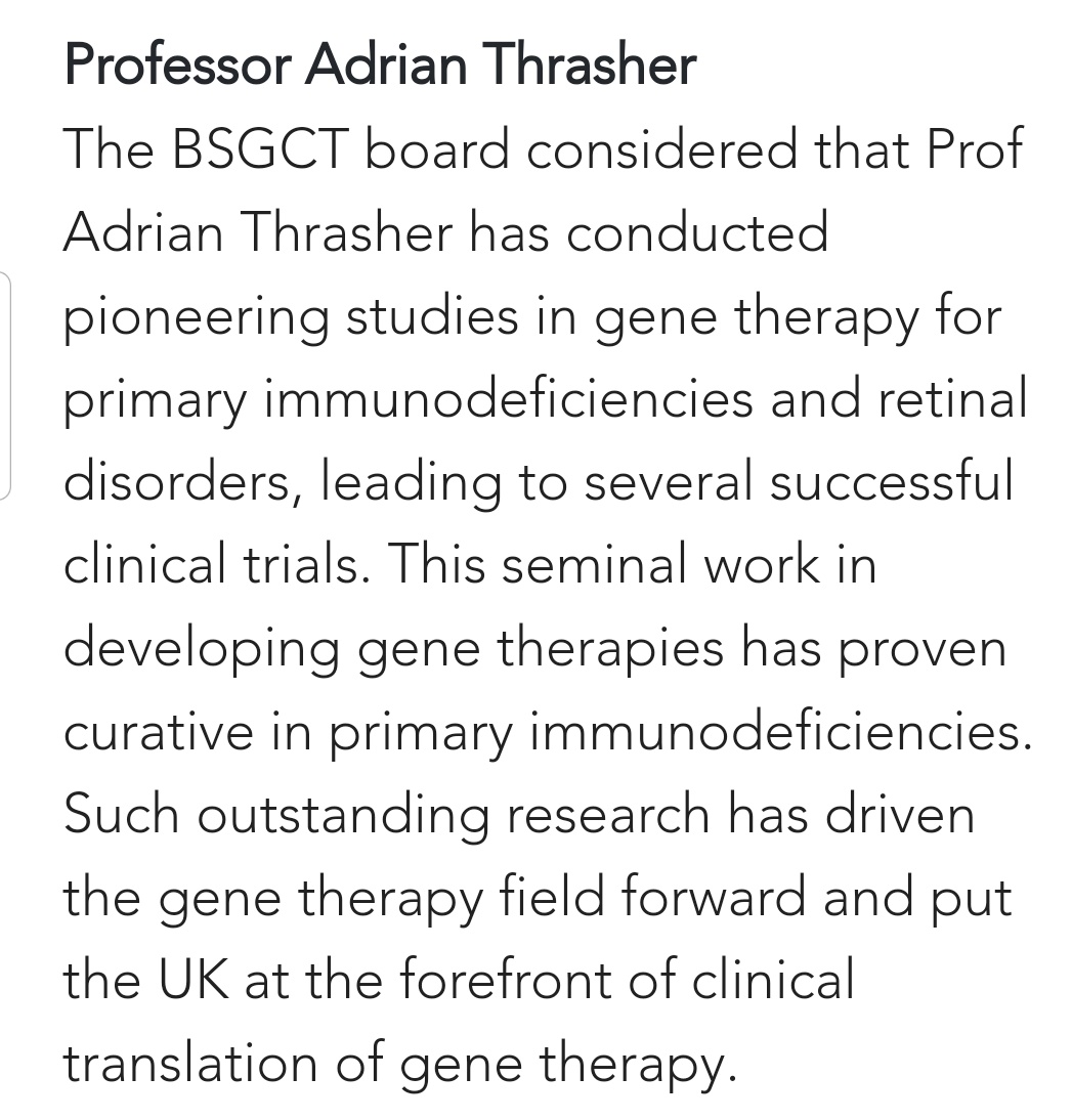 📣📣<a href="/_BSGCT/">BSGCT</a> Oustanding Achievement Award 2024 winner: <a href="/ucl/">UCL</a> <a href="/UCLchildhealth/">UCL Great Ormond Street Institute of Child Health</a> <a href="/GreatOrmondSt/">Great Ormond Street Hospital for Children</a> Prof Adrian Thrasher, whose work "put the UK at the forefront of clinical translation of gene therapy". Adrian will collect the award &amp; deliver a lecture at BSGCT 2025 in London. Congrats!🏅