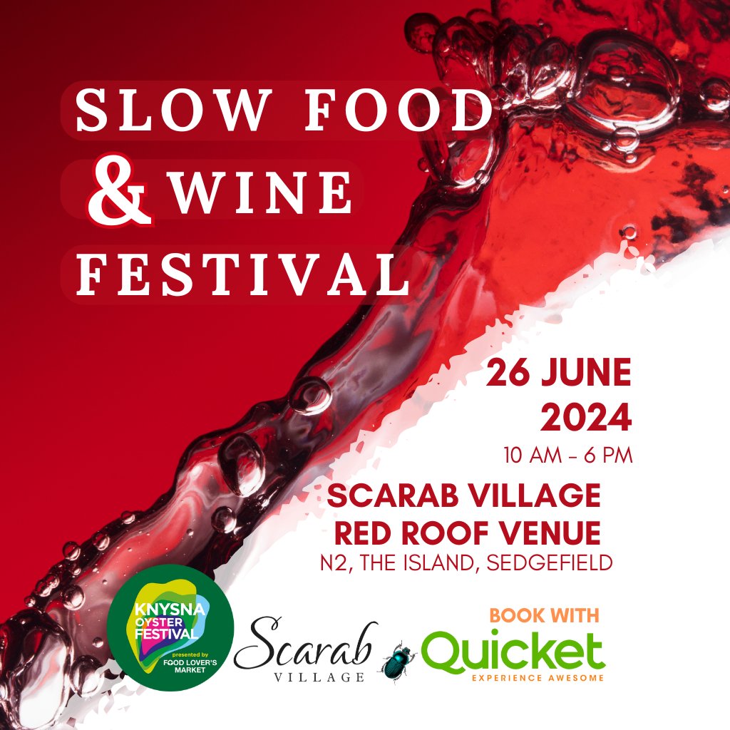 The Scarab Slow Food &amp; Wine Festival! Sip and savour as  wine &amp; spirit producers showcase their  vintages. Delight in a variety of preservation with pickled, preserved, and matured goods from vendors.  In the ❤️ of the #GardenRoute
#Sedgefield 
quicket.co.za/events/262995-…
