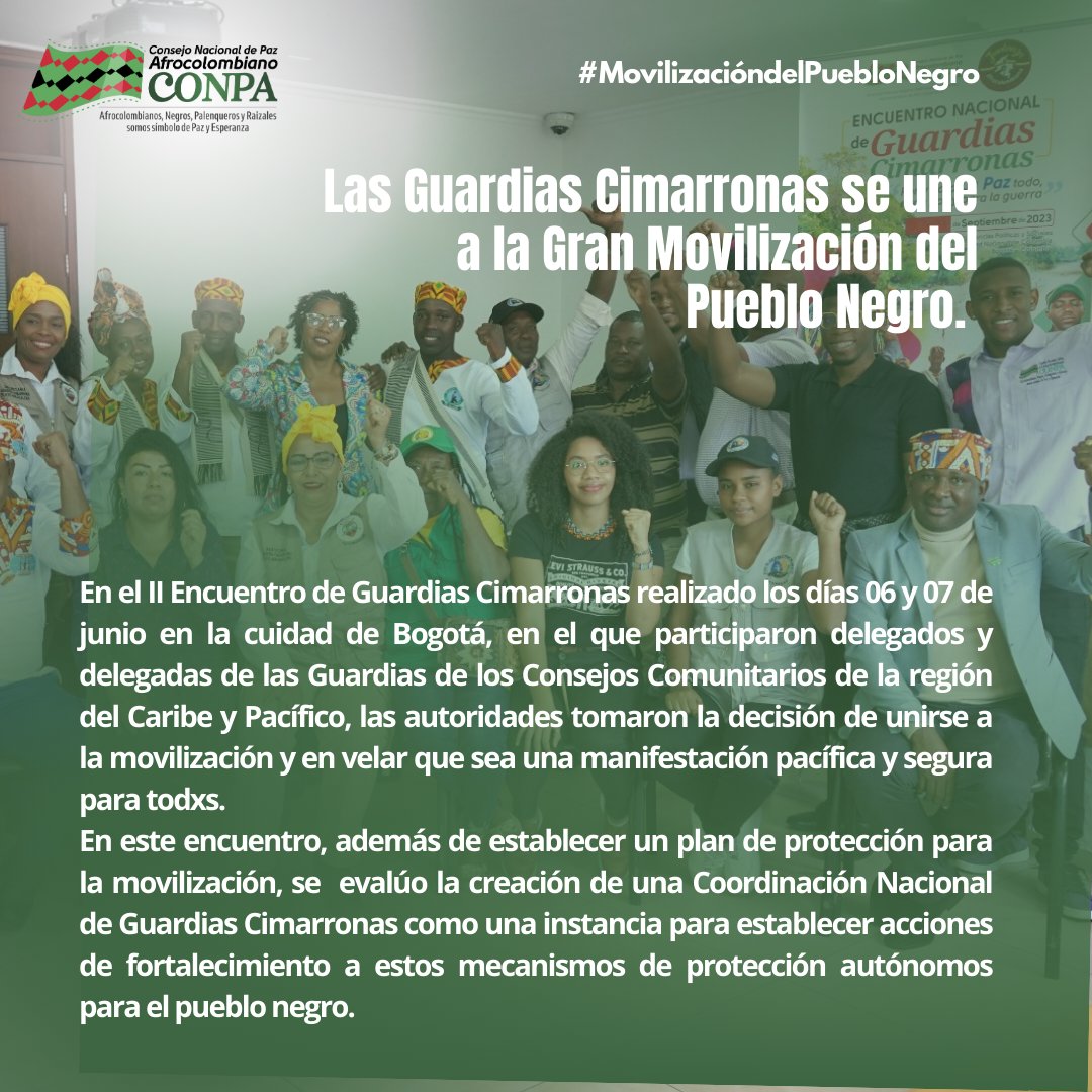 Conpa_paz's tweet photo. #CONPAInforma|| Te contamos las acciones más relevantes de la semana pasada realizadas desde el Consejo Nacional de Paz Afrocolombiano - CONPA.
La movilización y la Juntanza Van, ¡Vamos que podemos!
#SomosCONPA #MovilizacióndelPuebloNegro #GuardiaCimarrona #LaJuntanzaVa https://t.co/zAxHrNW6XR