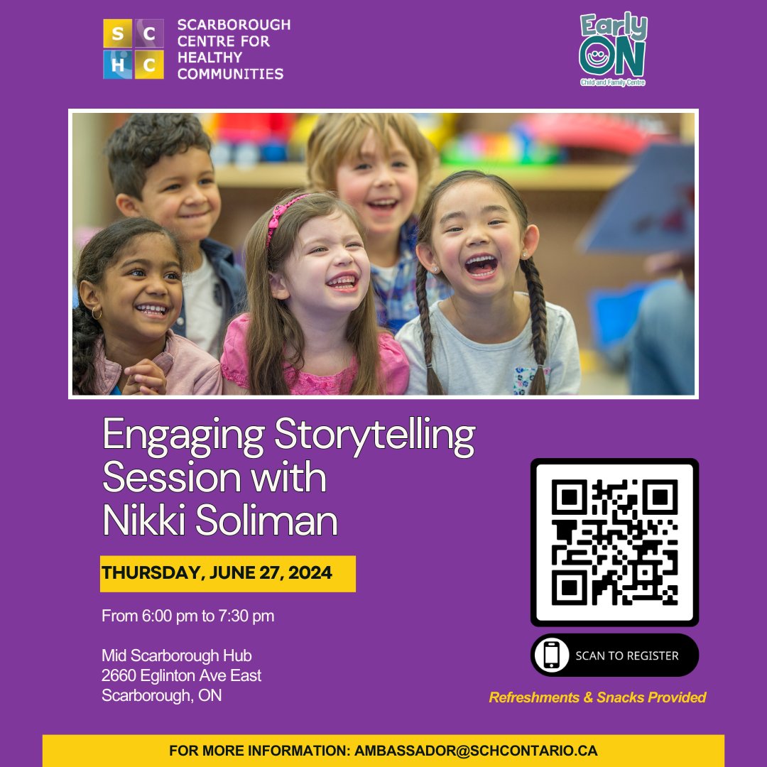 SCHCOnt's tweet photo. Join us for an immersive storytelling experience with Métis Author Nikki Soliman on Thursday, June 27th, from 6 – 7:30 p.m. at the Mid Scarborough Hub. 

Register via email at ambassador@schcontario.ca or https://t.co/5e2tPRJA68

#Storytelling #MétisAuthor #CommunityEngagement https://t.co/esDVIsOUap