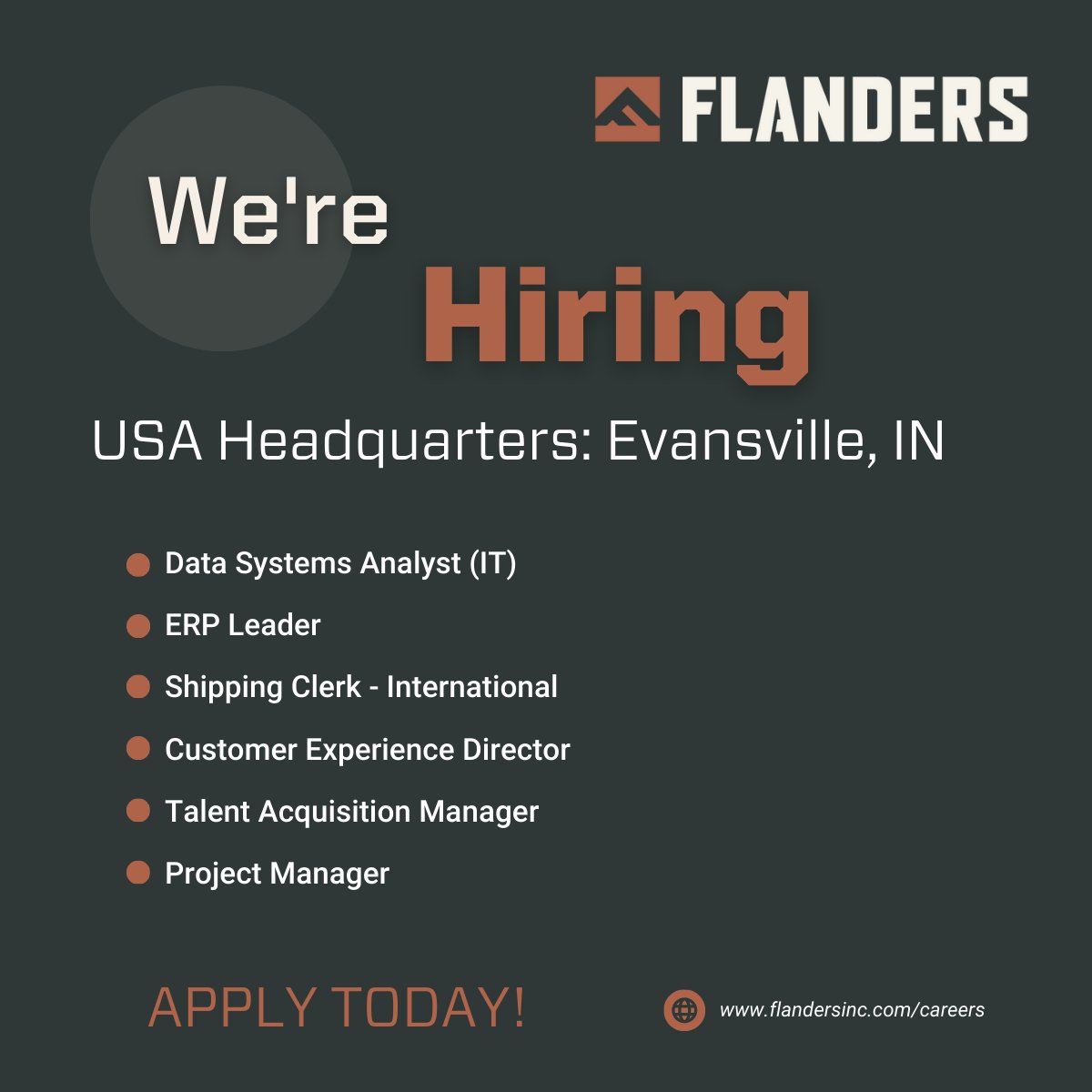 FLANDERSInc's tweet image. We're Hiring! Check out these great open positions at FLANDERS Headquarters in Evansville, IN, and more at bit.ly/45bsgpL. #GlobalLeadersinElectrification #ElectricalExperts #CustomManufacturing #FeildService  #MiningTechnology