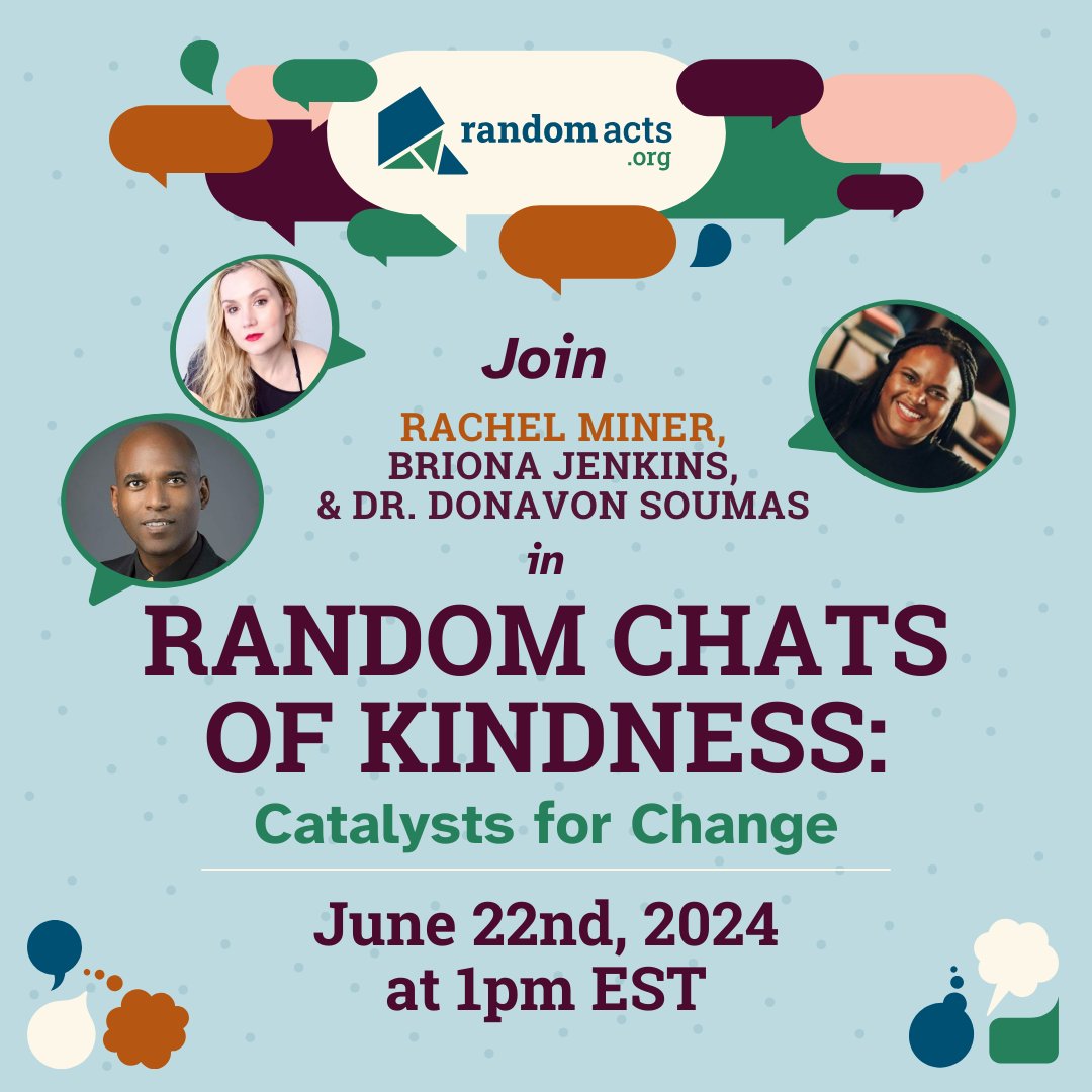 RandomActsOrg's tweet photo. Every #RandomChats has led to enlightening discussion and lots of ideas to create a kinder world. Please join us for our next chat on June 22 at 1:00 EST with Anti-Racist Activist @brionajenkins, and RA DEI Manager Dr. Donavon Soumas. Sign up now: https://t.co/BfKQJ91Iar https://t.co/hVRvqF7mKN
