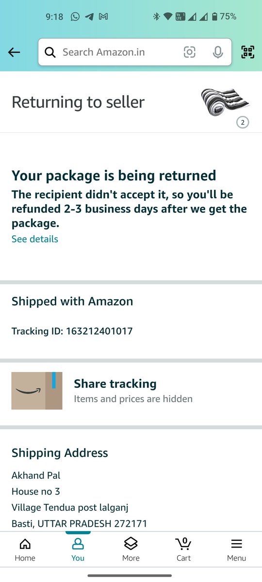 pal_akhand's tweet photo. @amazonIN @AmazonHelp 
Prime costomer r being deceive by
Amazon for fast delivery 
Order being returned b/c I rejected
I ordered first on 8/6/24
status returned - I rejected
I ordered again 9/6/24
Status returned- I rejected
I m mad 2 order twice,prepay &amp;reject
No cstmr suport https://t.co/SrAEyzVkBA