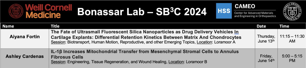 Bonassar Lab (@bonassarlab) on Twitter photo The Bonassar Lab is heading to #SB3C2024! Tune into some great talks from <a href="/FortinAiyana/">Aiyana Fortin</a> and <a href="/AshleyCardAlv/">Ashley Cardenas</a> on Thursday and Friday, respectively. #Cartilage #IVD The Bonassar Lab is heading to #SB3C2024! Tune into some great talks from <a href="/FortinAiyana/">Aiyana Fortin</a> and <a href="/AshleyCardAlv/">Ashley Cardenas</a> on Thursday and Friday, respectively. #Cartilage #IVD
