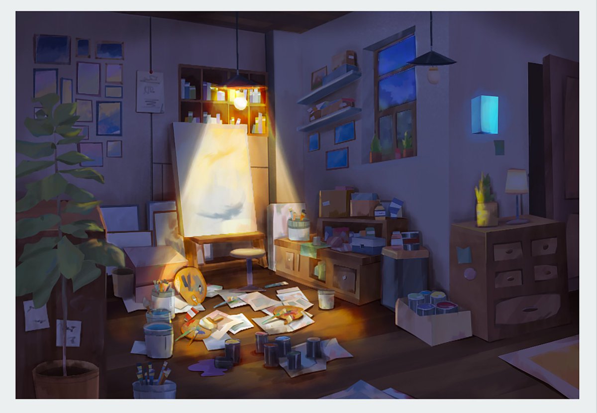 KoiKoiTL's tweet photo. Background drawing, Small artist room at night. #background #digitalart #conceptart #illustation #backgroundart #backgroundartist https://t.co/Il33WdhmXM