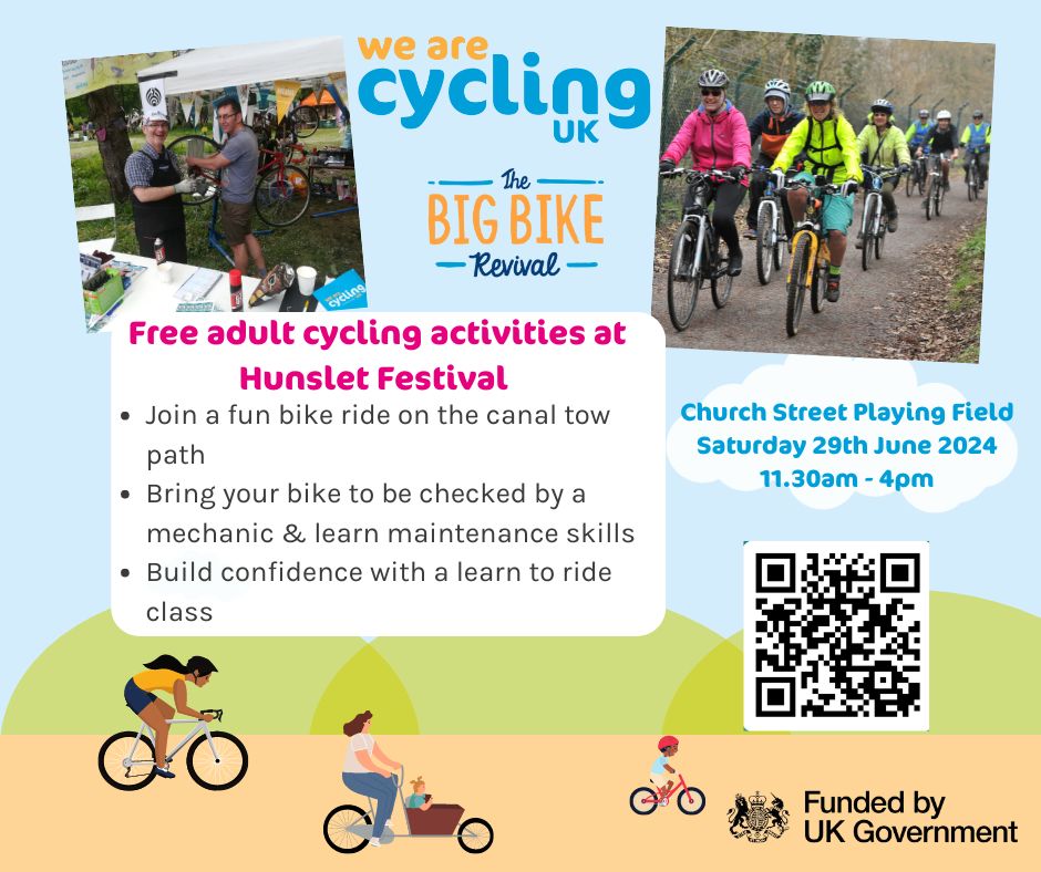 As part of this years #BigBikeRevival, we'll be at Hunslet Festival in Leeds on Saturday 29th June offering cycle rides, learn to ride sessions, maintenance skills and bike safety checks. Come on down and say hello!! 👋😎🚴🔧🌞