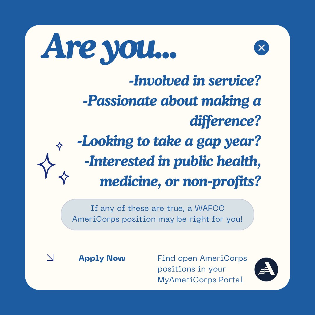 There are still WAFCC AmeriCorps VISTA and PHA positions available starting as soon as this summer! Check out our open positions at wafcclinics.org/serve-with-waf… and apply on the MyAmeriCorps Portal.