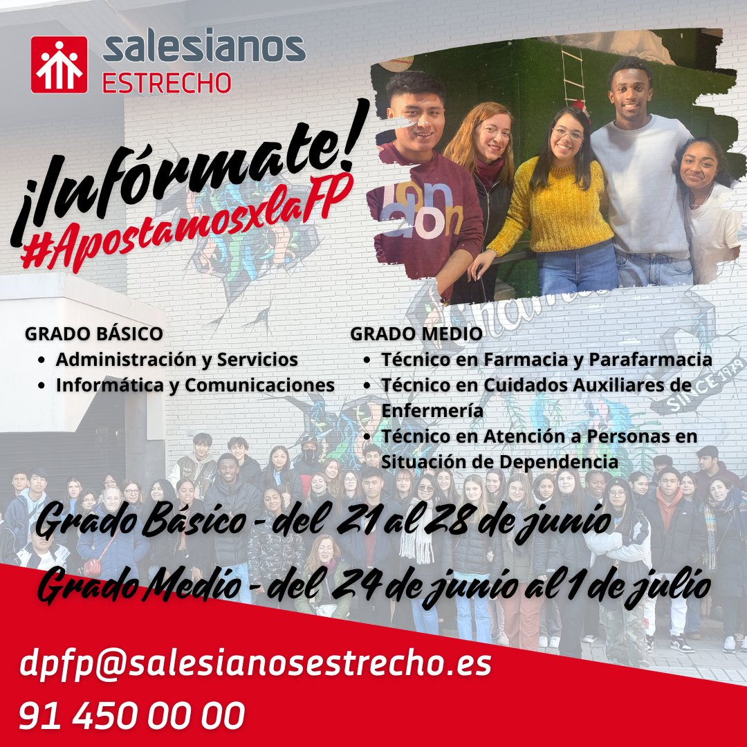 Dentro de nada abrimos el plazo de admisiones para #FormaciónProfesional .
¡Infórmate! Tenemos oferta de plazas de #GradoBásico y #GradoMedio . Si estás interesado puedes llamar al 91 450 00 00 o mandar un mail a dpfp@salesianosestrecho.es #ApostamosxlaFP