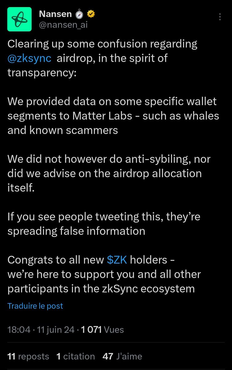I didn't expect that tbh 🤔

So it's not Nansen who flagged sybil wallets, but just the zksync criteria that were so bad lol

Anyway, I think (almost sure) that they will go back on their criteria before the claim...

Wait n' see, don't lose hope, go to the gym 🫡