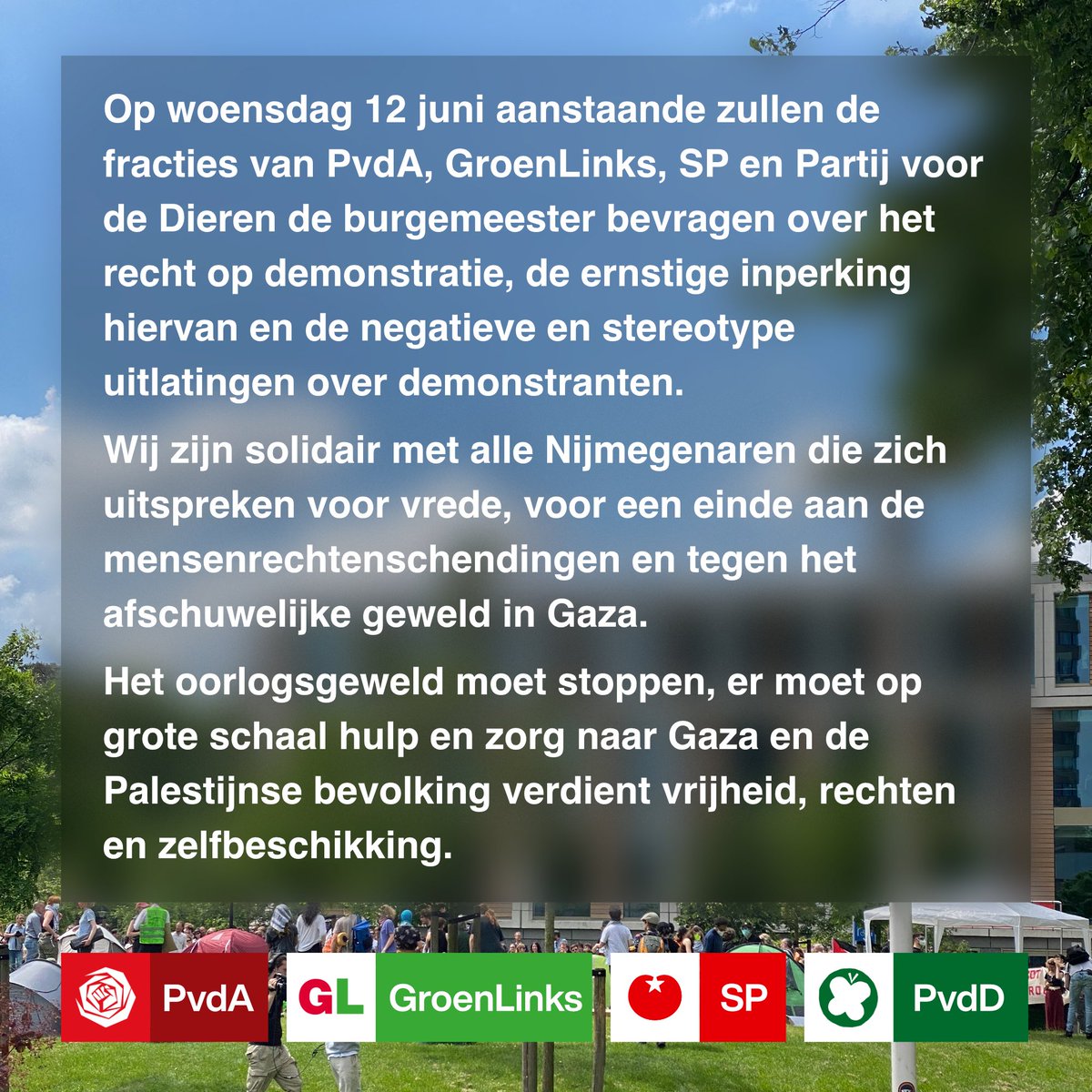 “De aandacht moet naar Gaza, niet naar de vorm van het protest” Morgen stellen we samen met <a href="/GLNijmegen/">GroenLinks Nijmegen</a>, <a href="/spnijmegen/">SP Nijmegen</a> en PvdD Nijmegen mondelinge vragen aan de burgemeester.
Lees ons statement hieronder, of de volledige versie op onze website: nijmegen.pvda.nl/nieuws/de-aand… #demonstratie