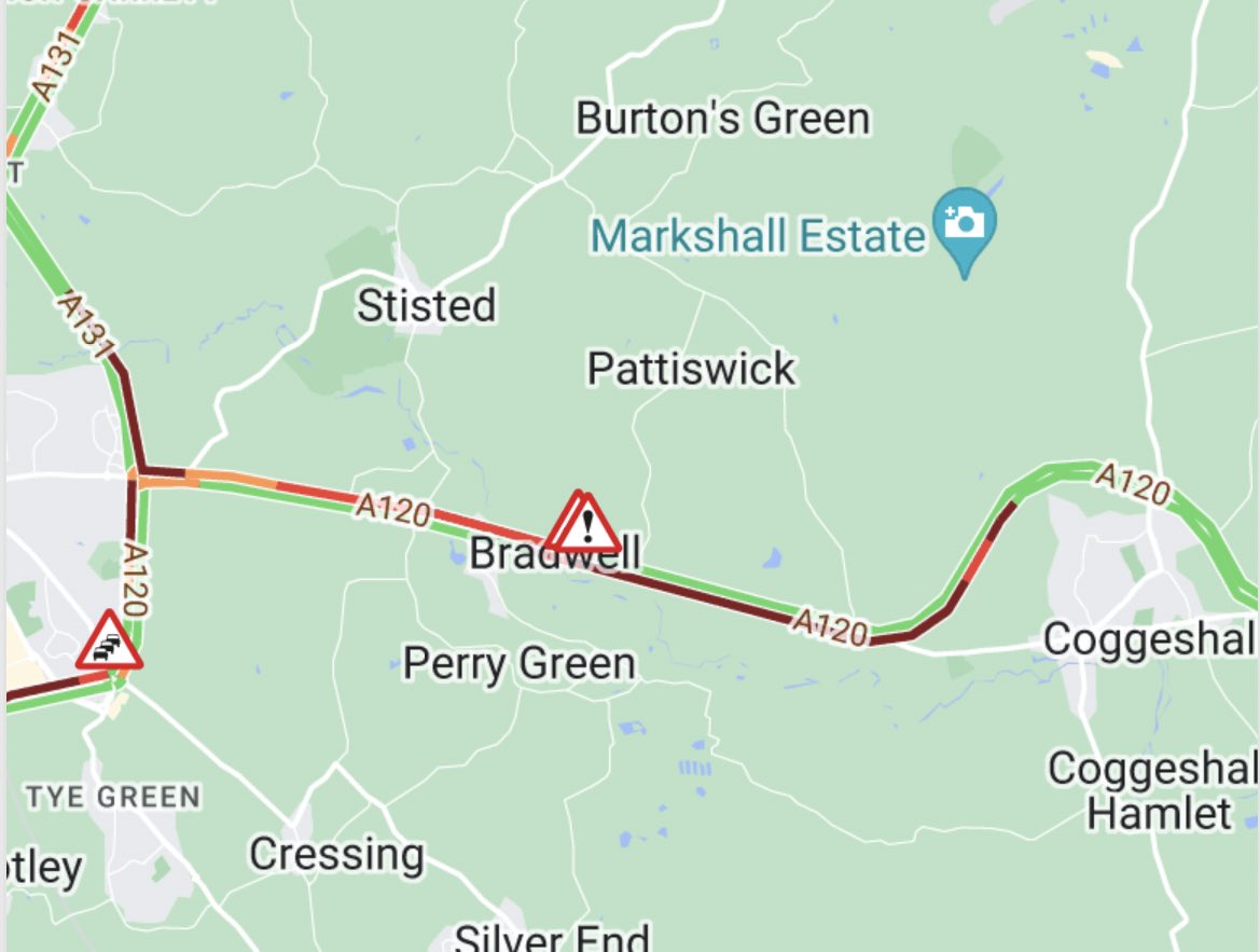 TrafficUK01's tweet image. #A120 both ways - partially blocked and queueing traffic - in Bradwell - reports of a collision near to BP petrol station - queues eastbound back to A131 at Braintree - queues westbound back to Coggeshall