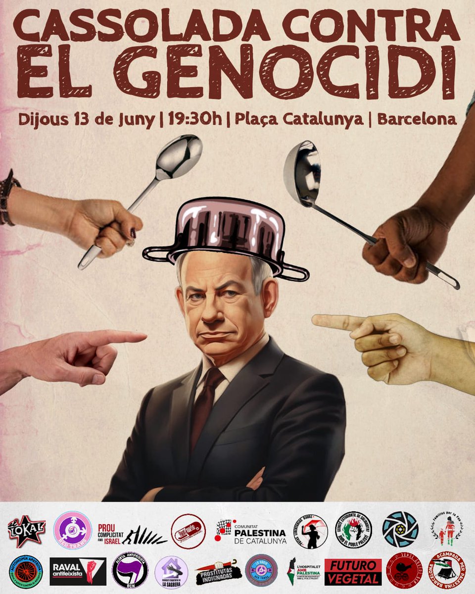 asamblealh's tweet photo. 💥COMPARTE DIFUNDE💥

 🥁*CAZOLADA CONTRA EL GENOCIDIO #PALESTINA 🇵🇸

 #FREEPALESTİNE🇵🇸
 #netanyahou_biden_are_terrorists_and_war_criminals🇮🇱🇺🇸
 #NetanyahoNewHitler🇵🇸

 🛑Jueves 13 de junio

 ⏰️19:30h.  Plaza Cataluña 👇🏾🇵🇸 https://t.co/IngQCrdqGo