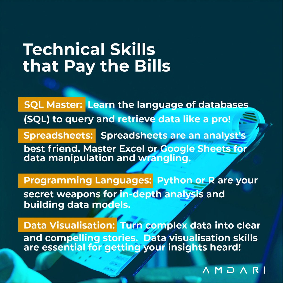 Amdari_IO's tweet photo. Don't be left behind! These are the in-demand skills every employer is looking for in a Data Analyst. 

If you don't have these skills yet, don't fret, because they are skills you can learn and acquire. 

Follow us more resources on how to break into the Data Field. 

#Amdari https://t.co/2A3ihdniBG