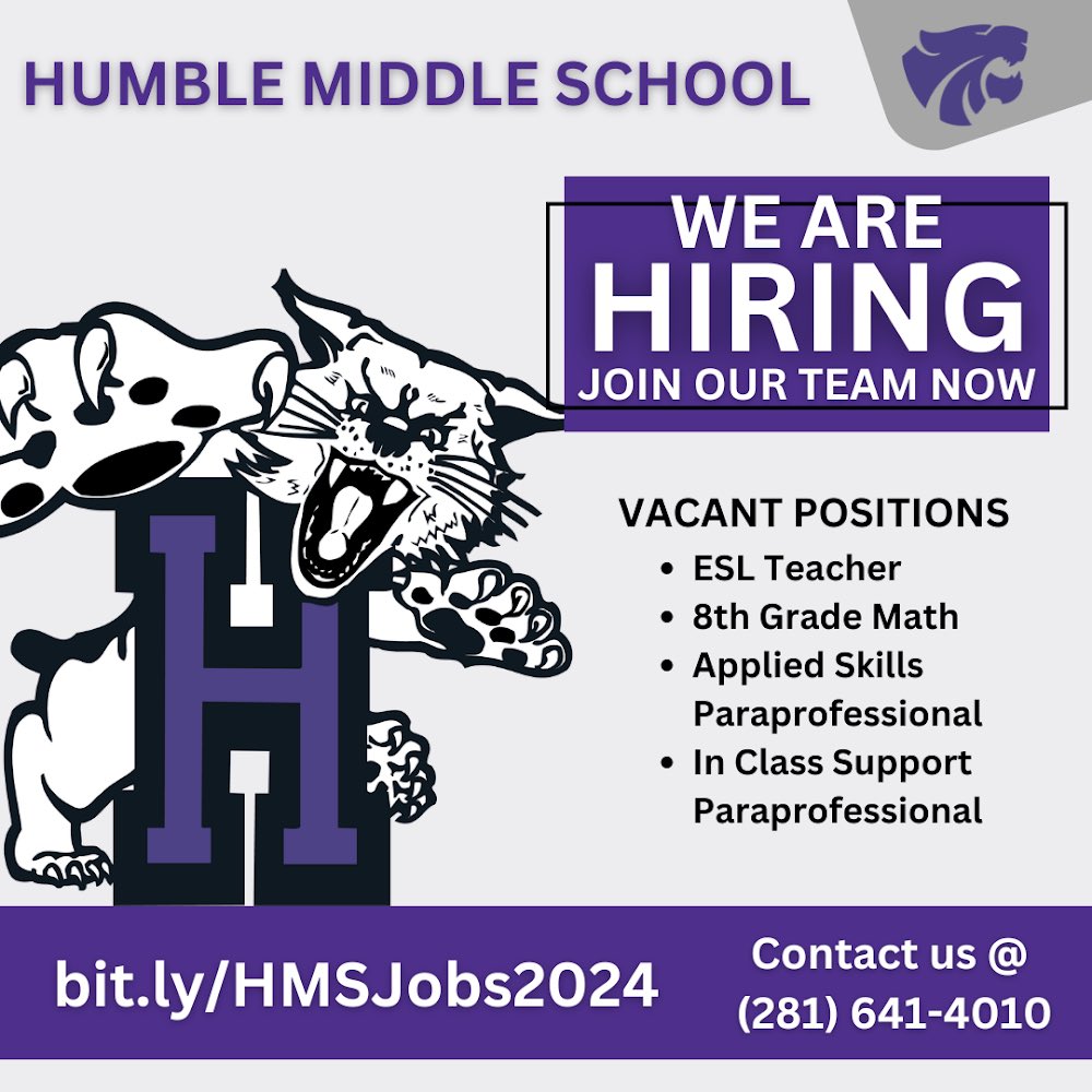 HumbleISD_HMS's tweet photo. Come join our AMAZING team! 💜💜💜 https://t.co/psAbPxXXe8 https://t.co/lgxsXgPvn2