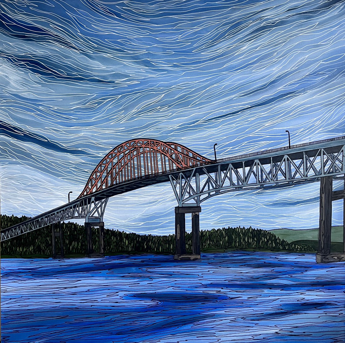 This commission went to its new home last week! My client has walked over this bridge since he was a child and doesn’t own a car. He wanted a memory of the bridge and this was based on his favorite photo. Patullo over the Fraser 48” x 48” #newwest #newwestminster