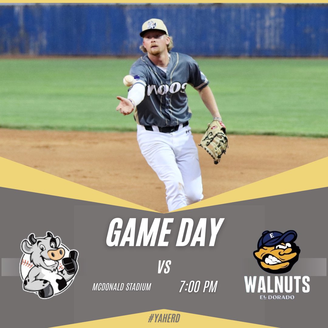 IT’S GAME DAY! 🐮⚾️
Your MidWest Moos are on the road to take the El Dorado Walnuts, at McDonald Stadium in El Dorado, on June 11th at 7:00pm.  #yaherd