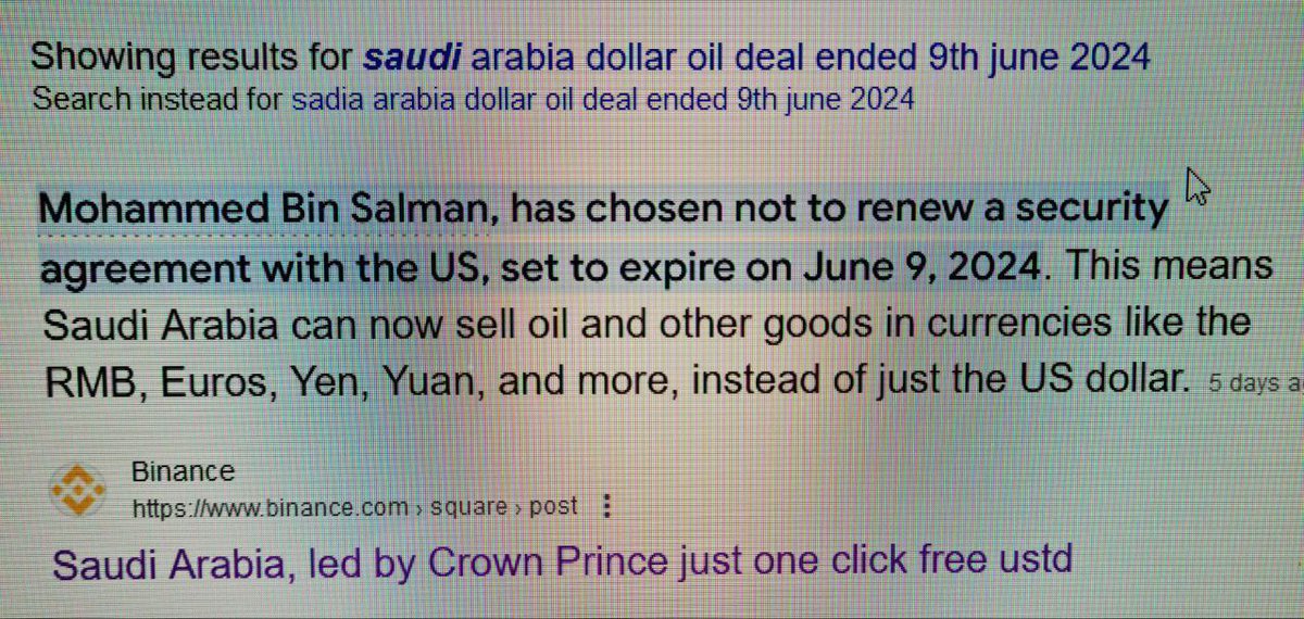 🇸🇦 🇺🇲 Le pétrodollar a pris fin hier, le 9 juin 2024. Nous sommes désormais dans une nouvelle ère.
Un accord de 50 ans entre les États-Unis et l’Arabie Saoudite visant à vendre le pétrole uniquement en dollars est terminé.
Des temps turbulents et de grands changements