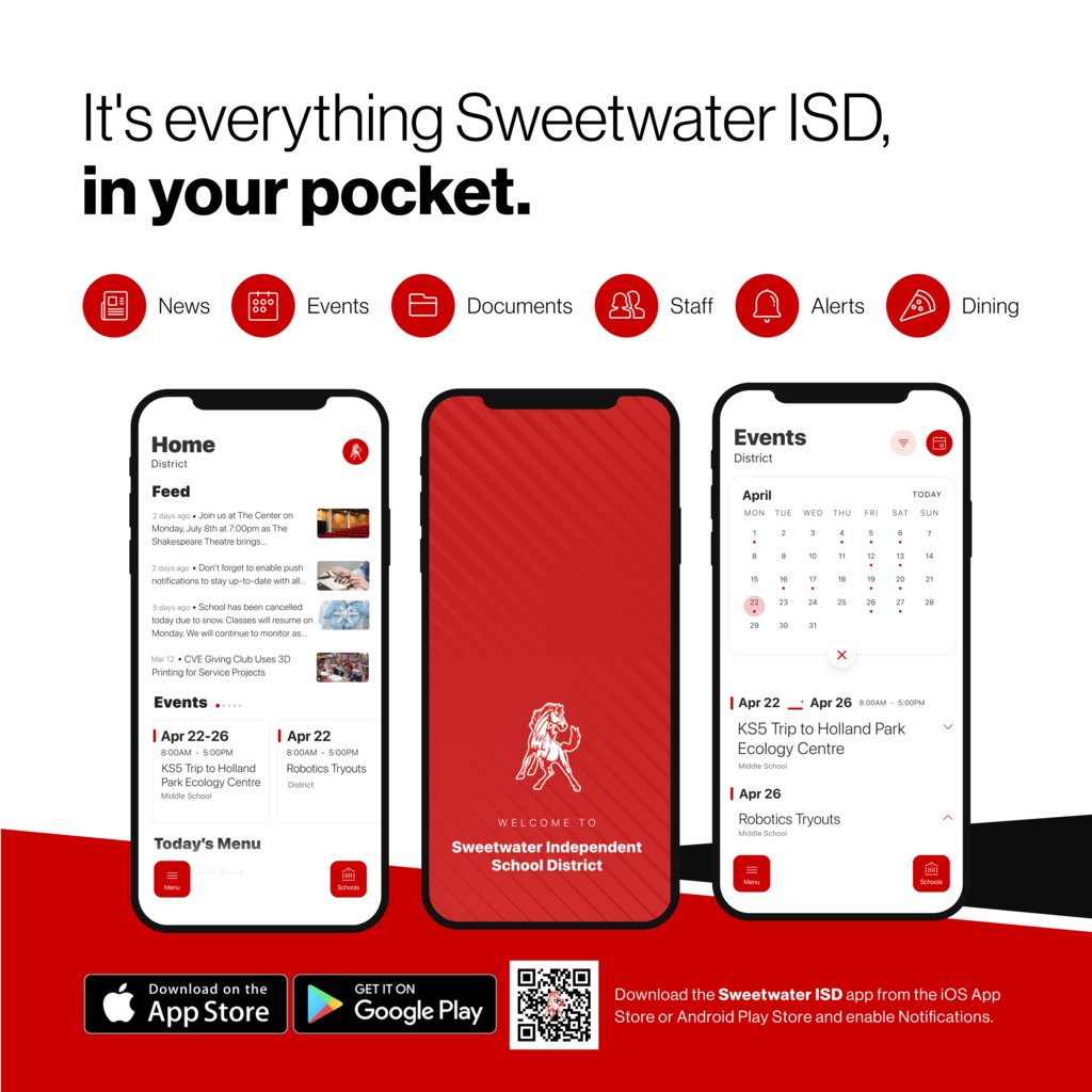 We're thrilled to announce the new app for Sweetwater ISD!
It's everything Sweetwater ISD, in your pocket.
Download for Android bit.ly/3PWzvME
Download for iPhone apple.co/3POvauE