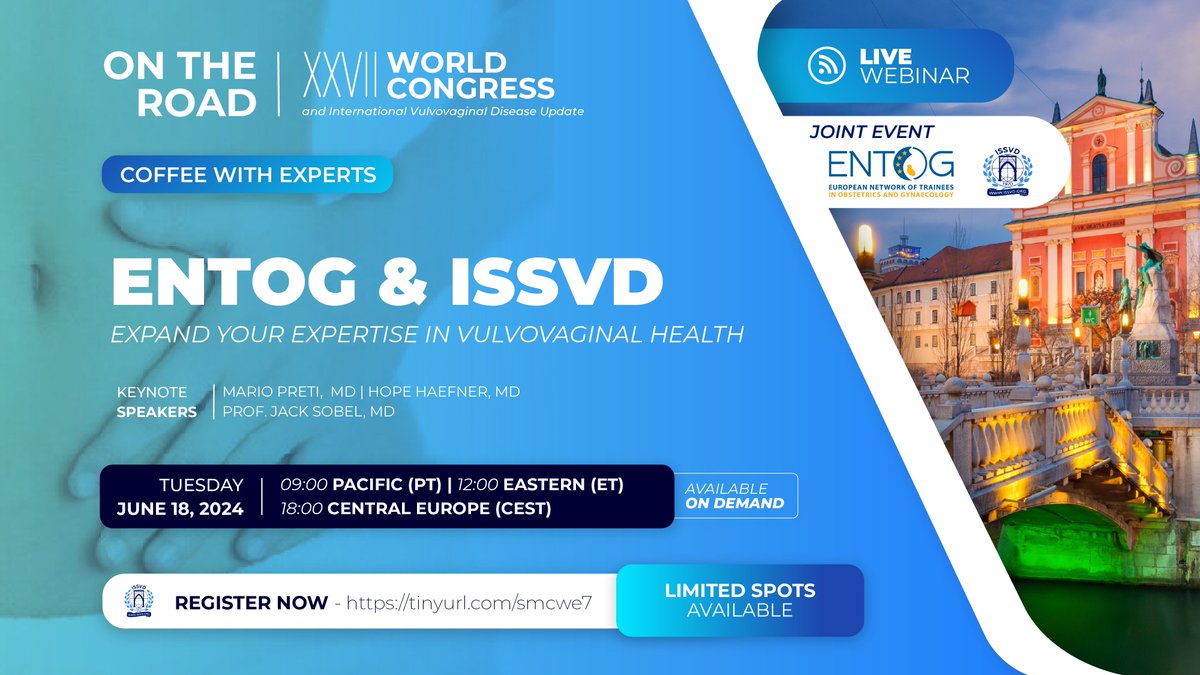 ISSVD's tweet photo. Join the "Expand Your Expertise in Vulvovaginal Health" webinar with ENTOG on June 18, 18:00 CET. Enhance your knowledge.
💻 https://t.co/rVKy93tlEn
#WomensHealth #ISSVD #ENTOG https://t.co/MMxRn96U1i