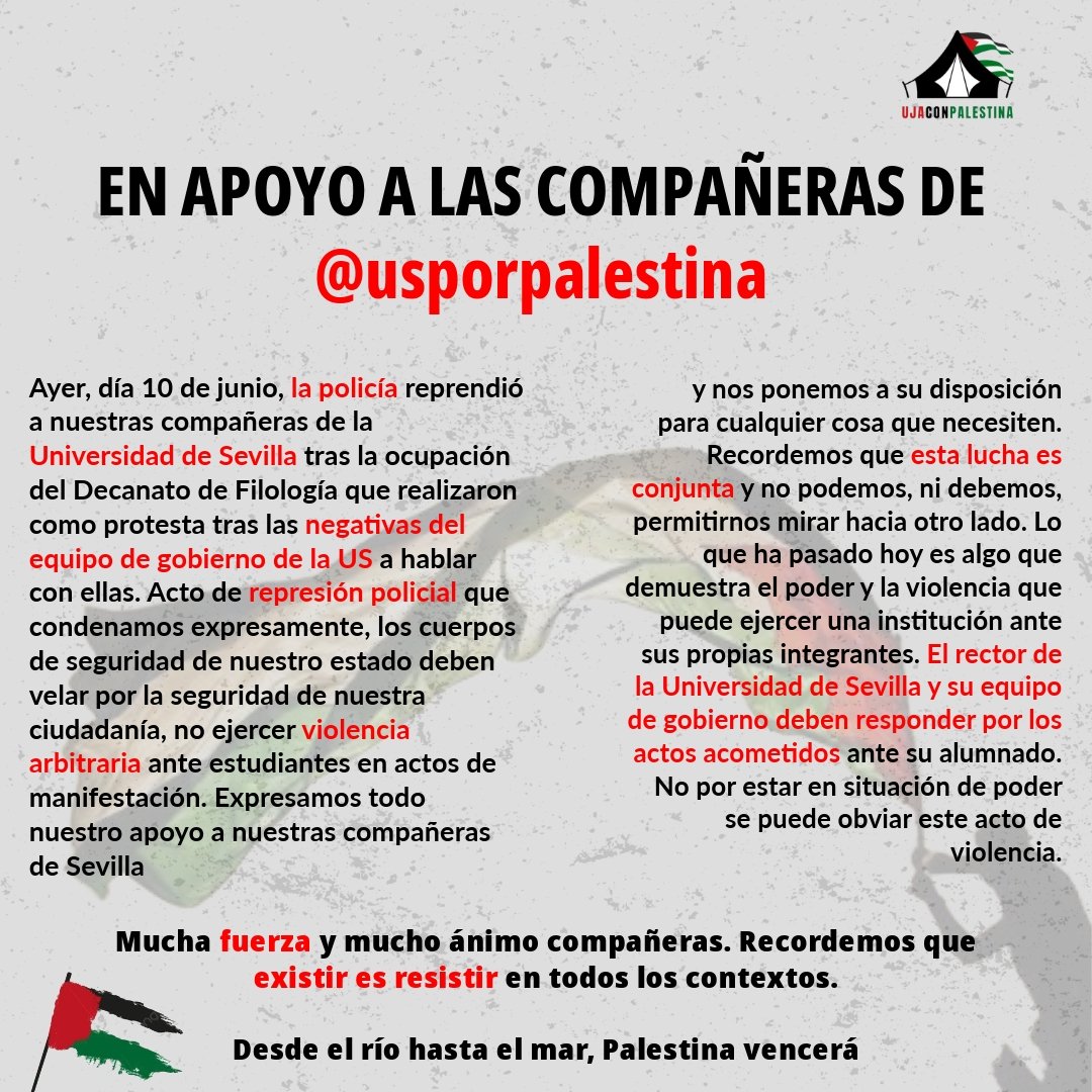 Denunciamos la violencia y represión policial sufrida por las compañeras de @usporpalestina

Viva Palestina libre 🇵🇸🇵🇸✊