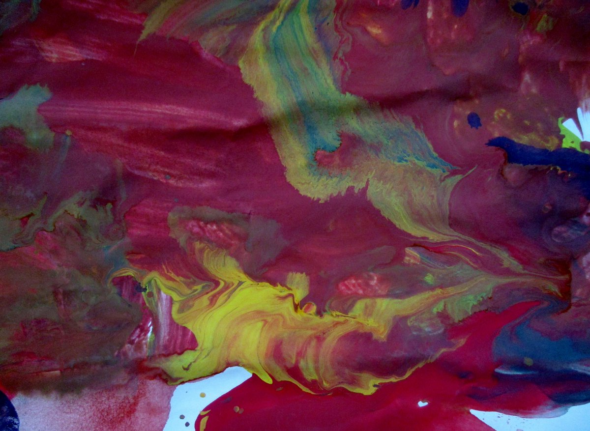 Children built upon ideas when discussing their paintings. 
"The floor is lava. There's people on boats. The lava goes up and down."
"The people go on the lava. They need to go on an aeroplane. They need to go in the sky."
"Volcano erupts!"
"Yellow lava, water rushes on lava."