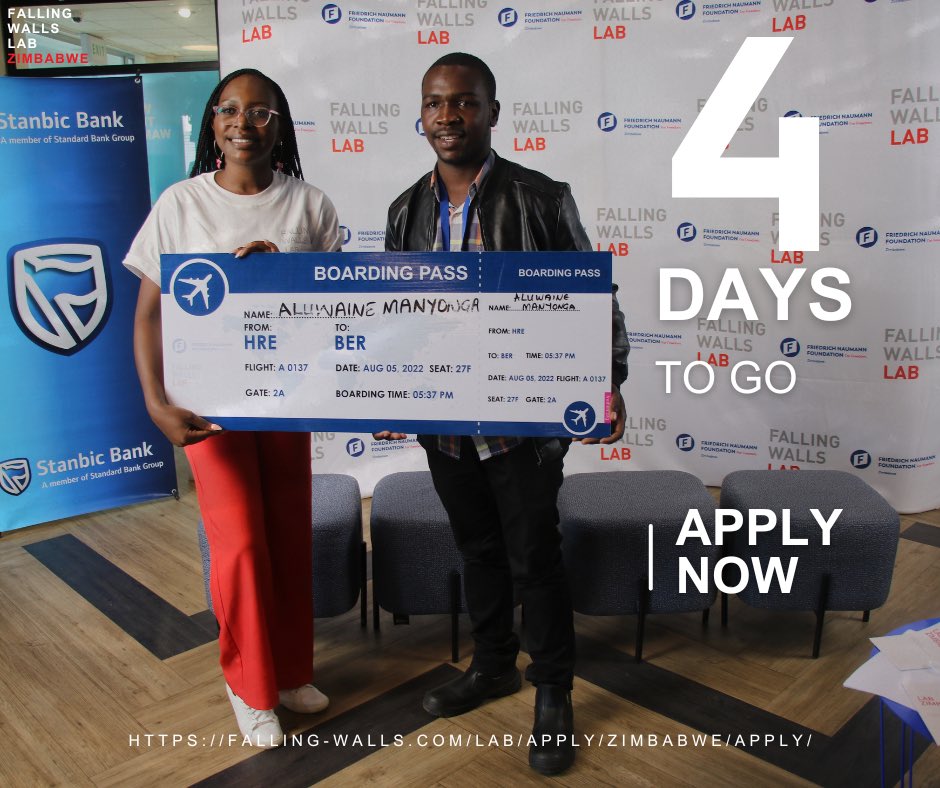 4️⃣ more days to go. 

Apply for #fwlzim2024 and stand a chance to win an all expenses paid trip to Berlin Germany, connect with innovators from around the world and gain global recognition. 

Link to application: falling-walls.com/lab/apply/zimb…