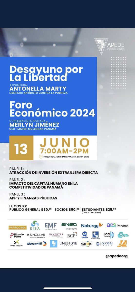 El_Tucker's tweet photo. Los invito este Jueves 13 de junio en el Hotel Sheraton al Desayuno por La Libertad y Foro Económico organizado por @Apedeorg. 

Tendremos a la Autora, politóloga y conferencista internacional @AntonellaMarty en Panamá 🇵🇦 https://t.co/zNmDn1xpYI