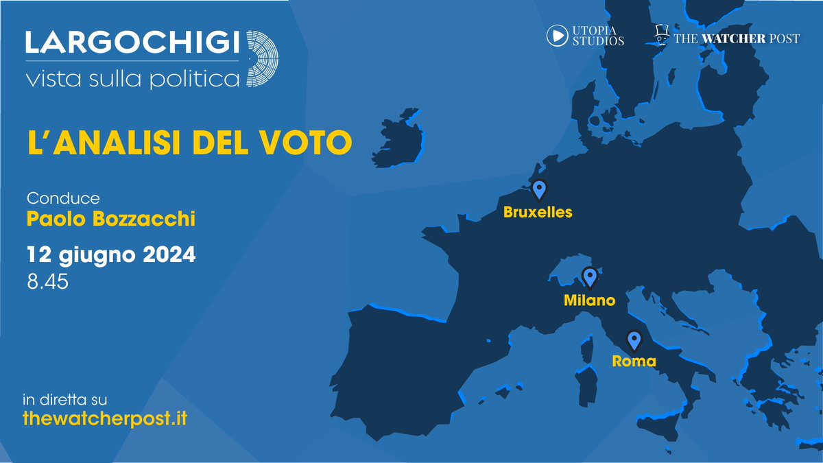 🗓️ Largo Chigi, mercoledì #12giugno ore 8.45 | L'analisi del voto. Ne parliamo negli Utopia Studios di Roma, Milano e Bruxelles con <a href="/PieroTatafiore/">Piero Tatafiore</a>, <a href="/andreavodanovic/">Andrea Vodanovic</a>, <a href="/ggramaglia/">Giampiero Gramaglia</a>, <a href="/AlessioPisano/">Alessio Pisanò</a> e <a href="/DomeniGiordano/">Domenico Giordano</a>.

🗣️ <a href="/PaoloBozzacchi/">Paolo Bozzacchi</a>

📺 Segui la diretta su questa pagina.