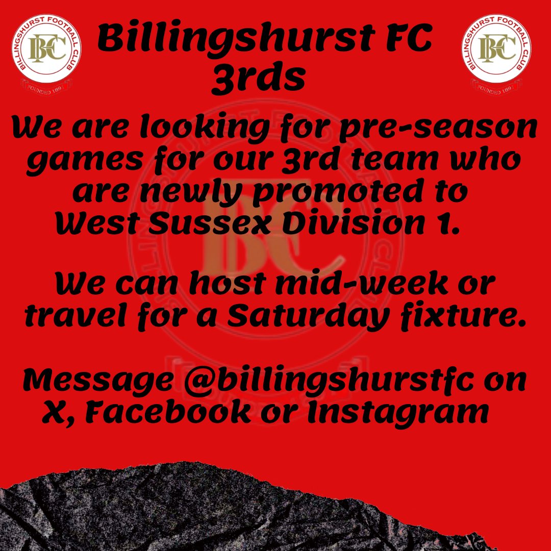 Billingshurst FC (@billingshurstfc) on Twitter photo We are  looking for pre-season fixtures for <a href="/Billingshurstfc/">Billingshurst FC</a> 3rds.  If interested⬇️ We are  looking for pre-season fixtures for <a href="/Billingshurstfc/">Billingshurst FC</a> 3rds.  If interested⬇️