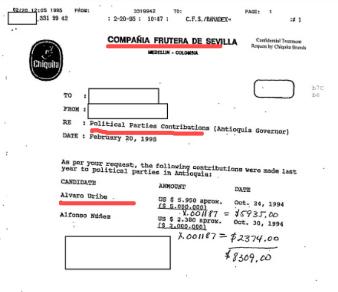 wilsonariasc's tweet photo. En 1994 Chiquita Brands donó a la campaña de gobernación de Álvaro Uribe, $5.935 dólares, según documento de National Security Archive. Luego, Uribe quedó electo, apoyó las Convivir y Chiquita Brands procedió a donar otros $1,7 millones a paramilitares. Un enroque. https://t.co/mI2ZfpCRMn
