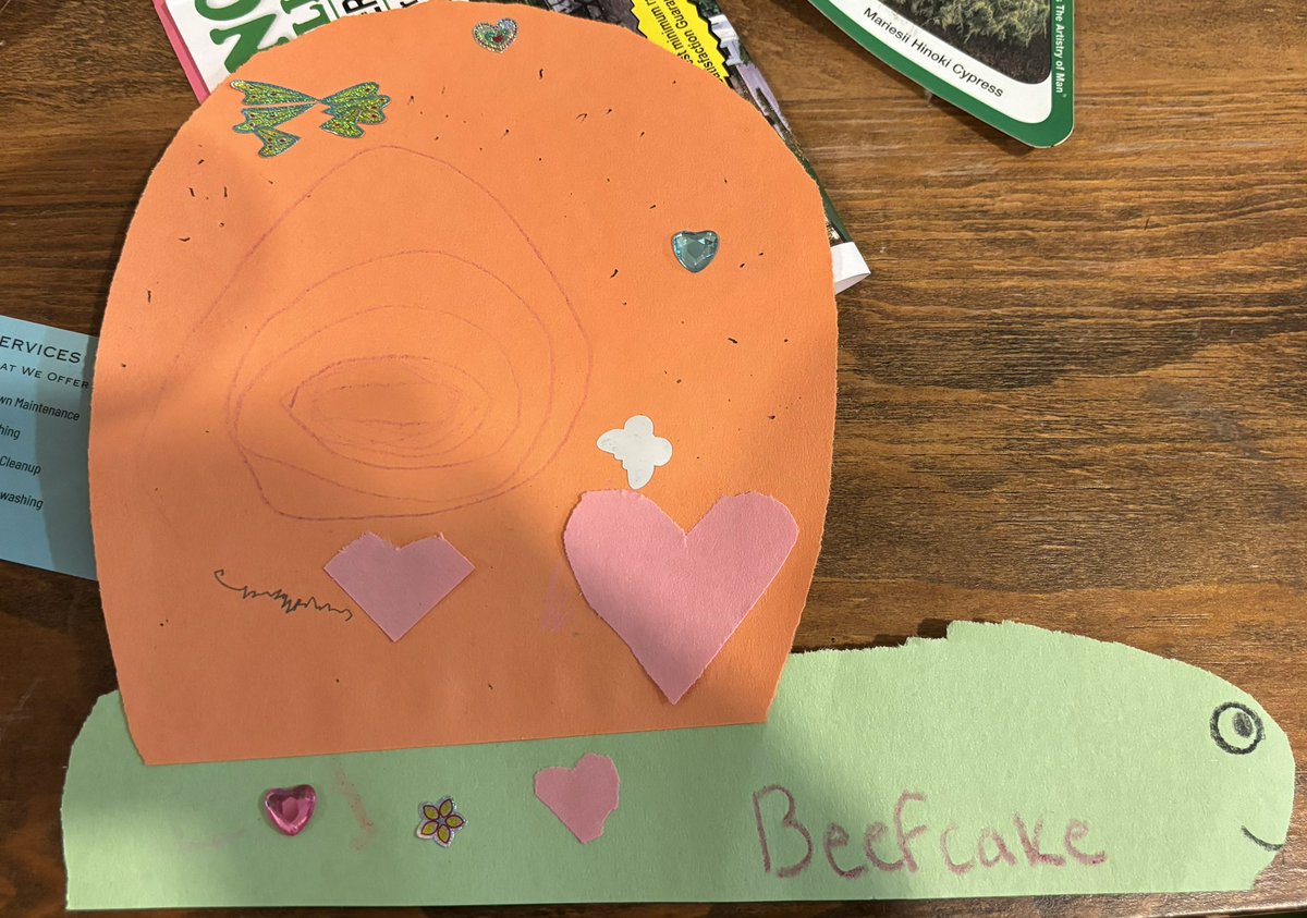 Our 4-year-old loves to do art projects. Yesterday, she made me a snail. She named him Beefcake. #Beefcake