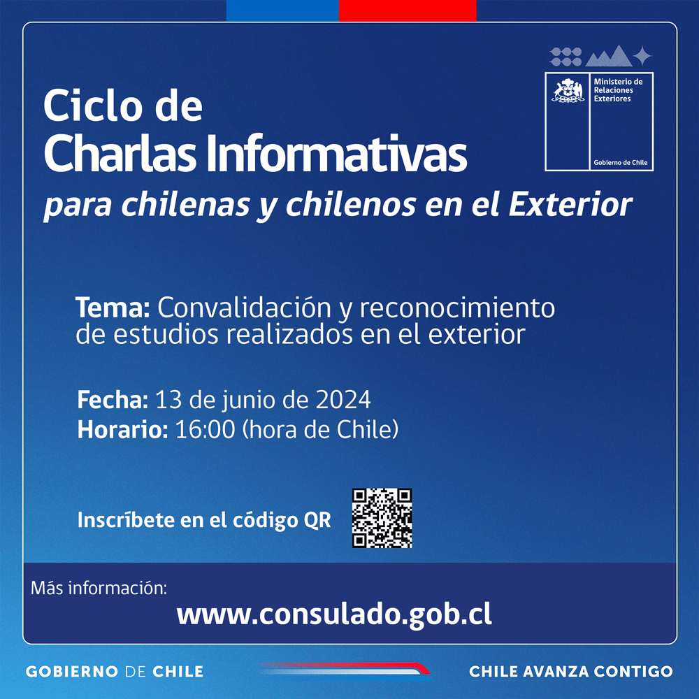 ¡Buenas noticias! 🙌 Participa en las charlas informativas en línea para chilenas y chilenos residentes y resuelve tus dudas sobre la convalidación y reconocimiento de estudios.

📅 jueves 13 de junio

⏰16:00 hrs (hora de Chile)

Inscripciones aquí 👉bit.ly/3U5YDlS