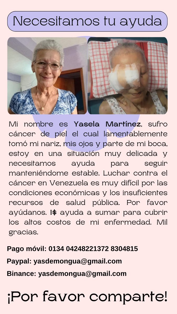 Yasde's tweet photo. Hola chicos, por favor, ayúdenme a compartir. Seguimos en la lucha por conseguir ayuda para mi mamá. Les pido que si no pueden colaborar, me ayuden a compartir para así llegar a quienes puedan ayudarnos. Mil gracias 🙏🏻❤️ https://t.co/MsF5n6UtUj