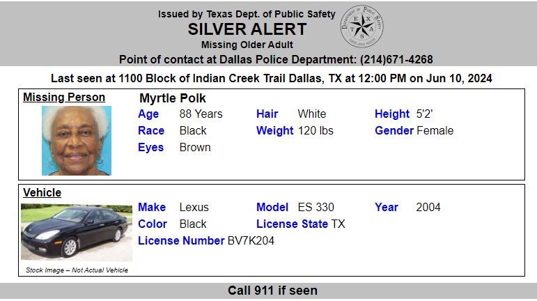 TX_Alerts's tweet photo. ACTIVE SILVER ALERT for Myrtle Polk from Dallas TX, on 06/11/2024, TX plate BV7K204 https://t.co/91Lf07GYVm