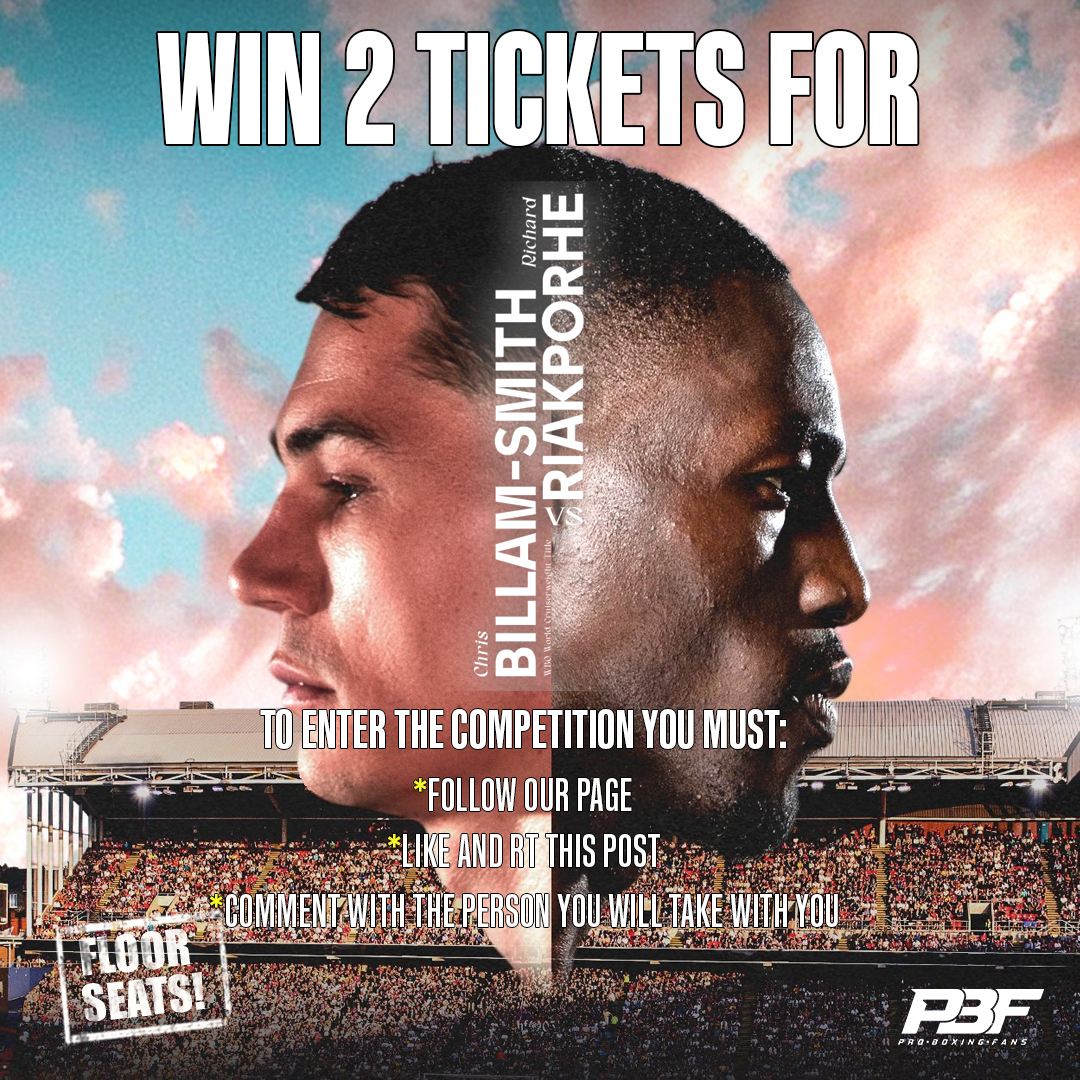 ⏰ COMPETITION TIME‼️

🎟️ We have 2⃣ FLOOR SEATS to give away to 1⃣ lucky follower to see <a href="/ChrisBillam/">Chris Billam-smith</a> 🆚 <a href="/R_Riakporhe/">Richard Riakporhe</a> this Saturday at <a href="/CPFC/">Crystal Palace F.C.</a> 👊

⏳Competition ends: Thursday 14th June @ 7pm

#Boxing #BillamSmithRiakporhe2 #Competition #ChrisBillamSmith #RichardRiakporhe