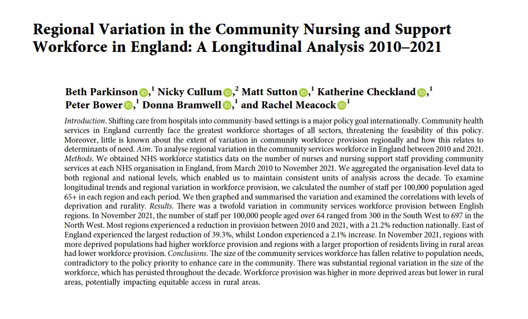 The realities of community nursing workforce provision in England do not match the policy ambitions of shifting care away from hospital.

📢New paper out now: onlinelibrary.wiley.com/doi/full/10.11…