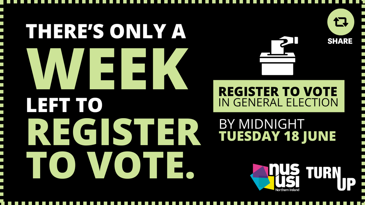 ONE WEEK LEFT to register to vote! 🗳️ We can do this. Let's maximise the student vote.
 
⌛REGISTER TO VOTE before midnight Tuesday 18 June
📨 APPLY FOR POSTAL or PROXY VOTE by 5pm, Friday 14 June

SHARE 🔁🔁🔁 
nus.org.uk/register-to-vo…