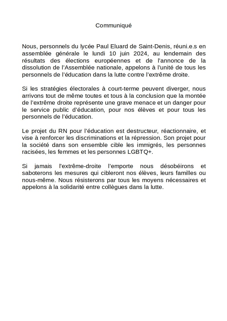 ⭕ Communiqué des personnels du lycée Paul Eluard à St Denis rassemblés en AG lundi 10 juin